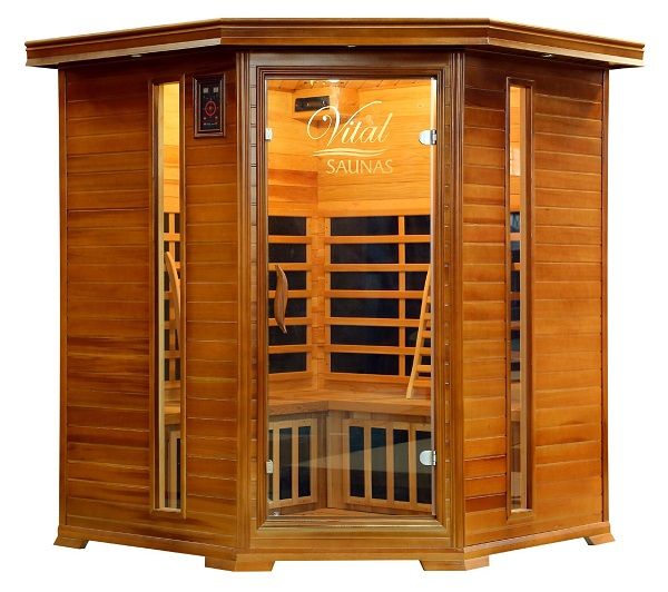 Vital Health 3-4 person corner infrared sauna, Canadian red cedar