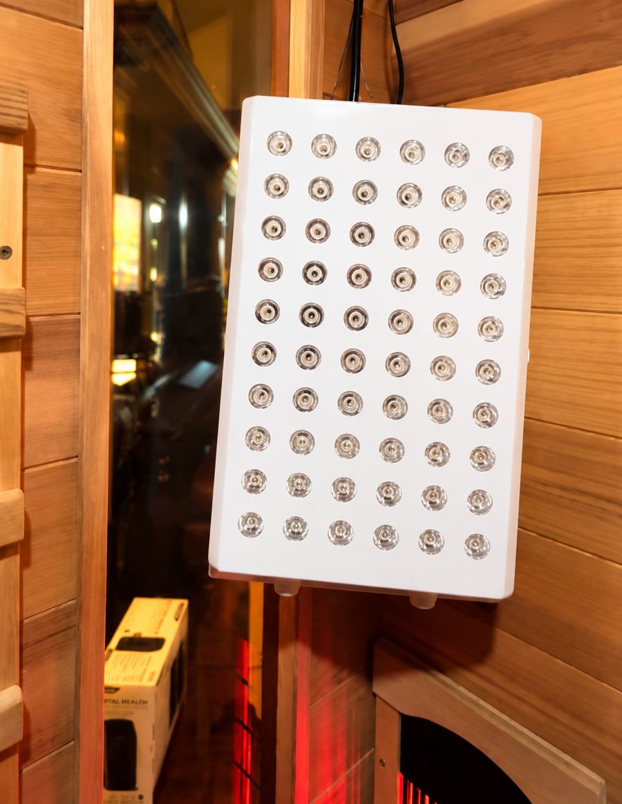 Medical-grade red light therapy panel mounted inside a Vital Health sauna
